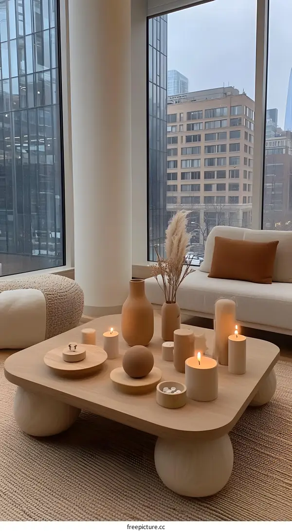 Modern Interior Design with Wooden Coffee Table and Candles