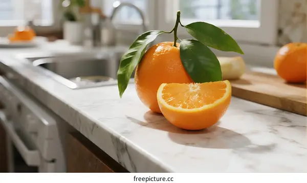Fresh Oranges with Green Leaves on Kitchen Counter