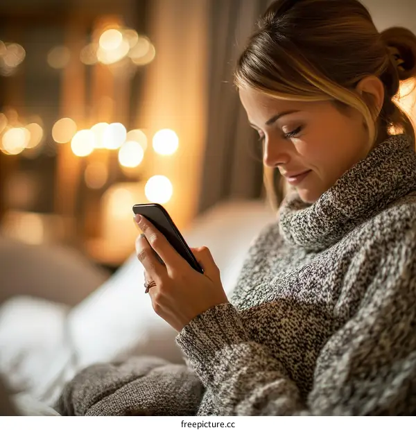 Woman using smartphone in cozy evening setting