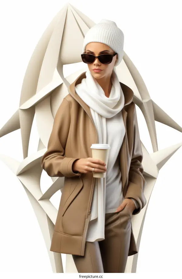 Fashion model wearing a stylish outfit with a white beanie, brown leather jacket, white scarf, and sunglasses holding a coffee cup