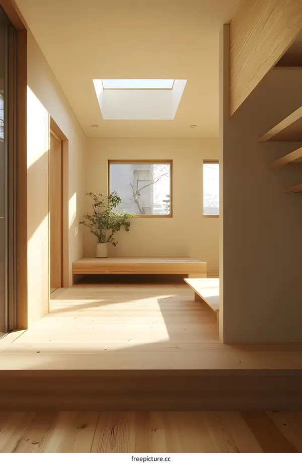 Minimalist Japanese Style Wooden House Interior Design With Sunlight Through Skylight