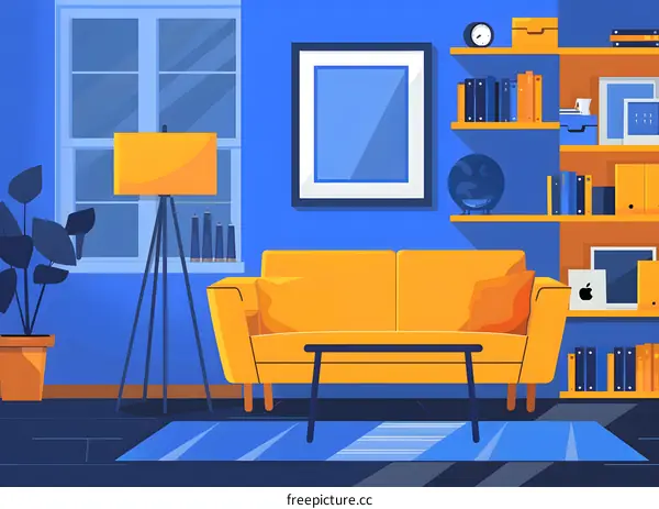 Modern Living Room Interior Design with Blue and Yellow Color Scheme