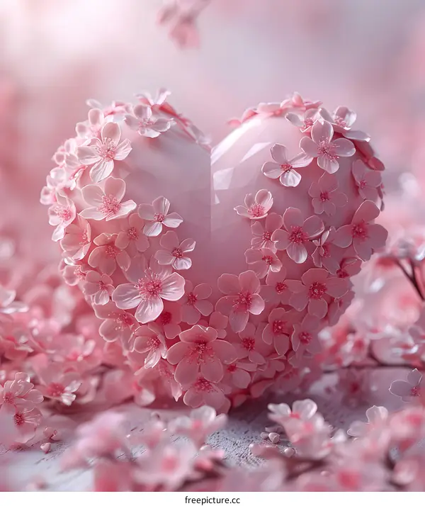 A pink heart made of cherry blossoms