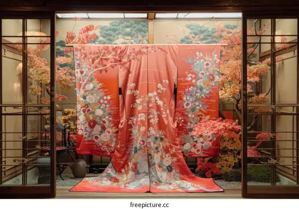 A kimono with a pattern of autumn leaves and flowers