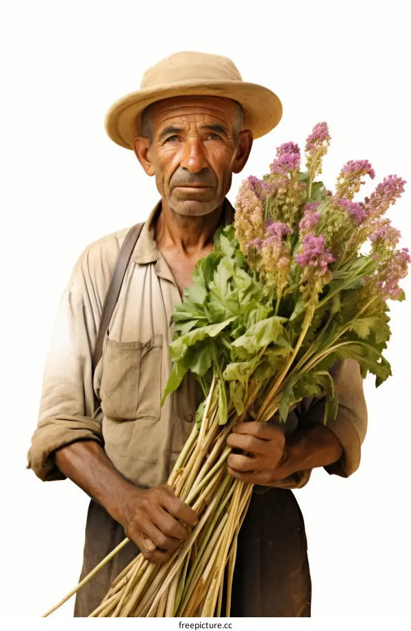 A farmer holding a bunch of flowers