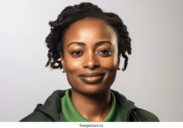 A young African-American woman with short curly hair wearing a green jacket smiles at the camera