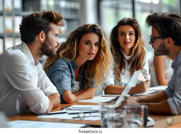 A group of people are sitting around a table having a meeting.