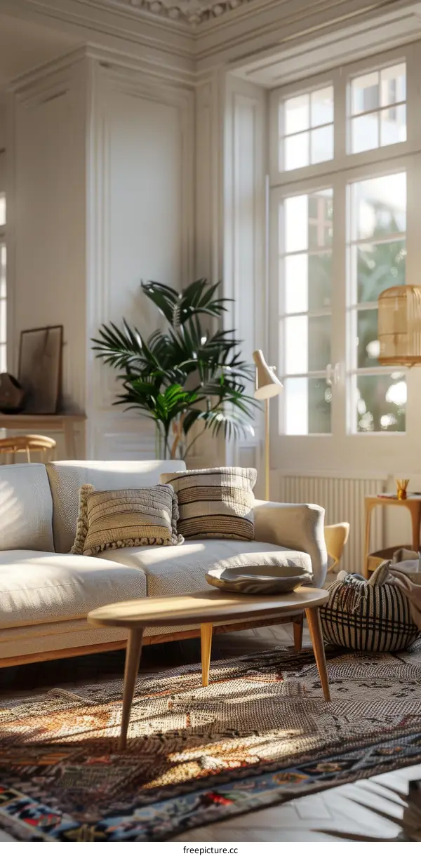 Bright Scandinavian Living Room with Sofa and Green Plant