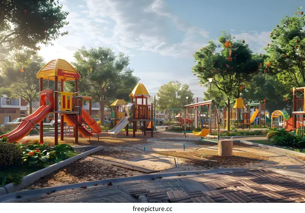 Sunny Day at the Playground with Colorful Play Equipment and Lush Green Trees