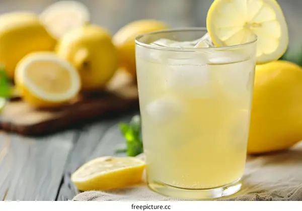 Glass of Lemonade with Ice and Lemon Slices on a Wooden Table