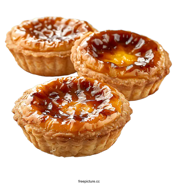 [Transparent Background PNG]Three Portuguese egg tarts isolated on white background