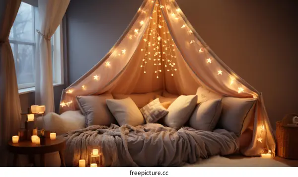 Cozy bedroom with fairy lights and pillows