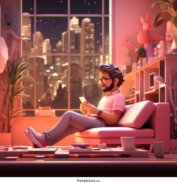 A man is sitting on a couch in a pink room looking at his phone