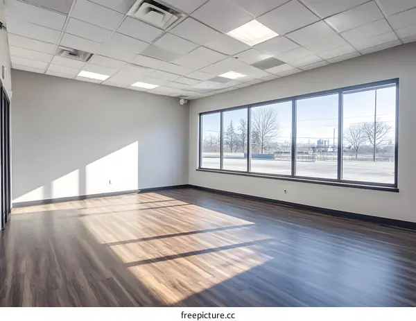 Empty Office Room With Large Window and Wooden Floor