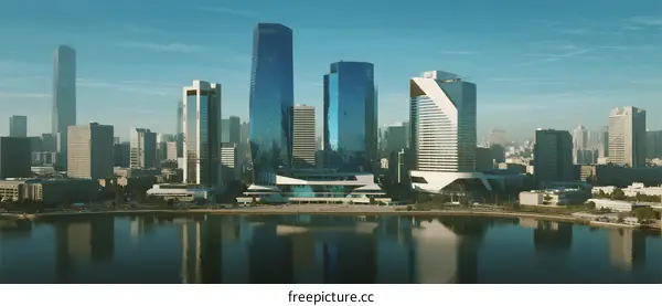 Modern Cityscape with Skyscrapers and Reflective Water Surface