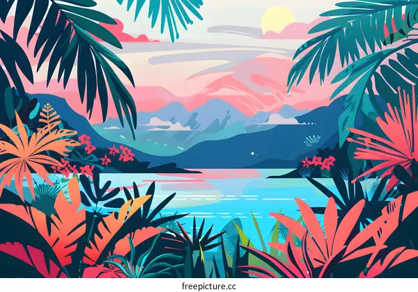 Tropical Island Landscape Illustration with Palm Trees, Mountains and Ocean