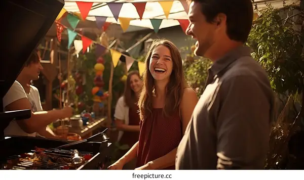 Friends laughing and enjoying a barbecue in the backyard