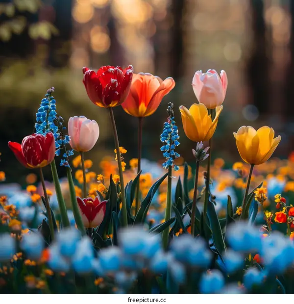 Vibrant Tulip Field in a Park with Blurred Background