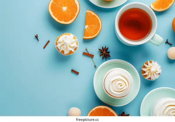 Flat Lay Composition of Cupcakes Orange Slices and Tea
