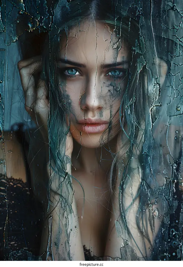 A closeup portrait of a woman with blue eyes and dark hair with her hands on her head