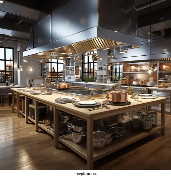 Commercial Kitchen with Stainless Steel Appliances and Large Wooden Island