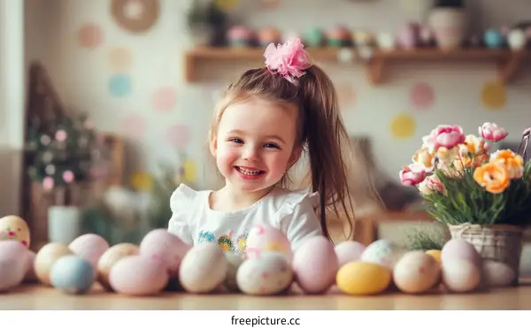 Happy Easter Little Girl with Easter Eggs