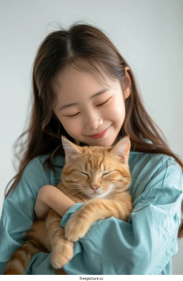 Asian girl hugging an orange cat