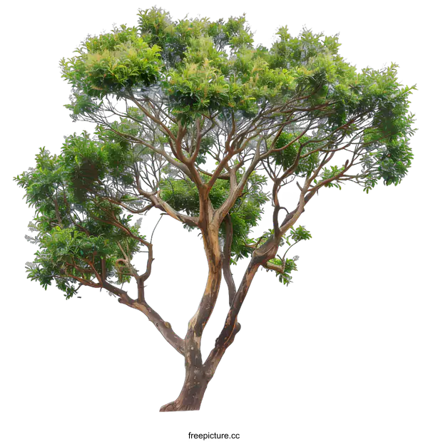 [Transparent Background PNG]Green Tree with Twisted Trunk Isolated on White Background