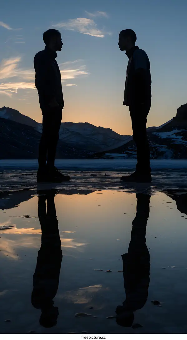 Two Silhouettes of Men Facing Each Other With a Reflection in the Water