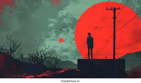 Silhouette of Man Standing on Rooftop Looking at Red Sky