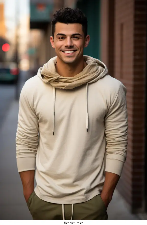 Handsome young man smiling in front of brick wall