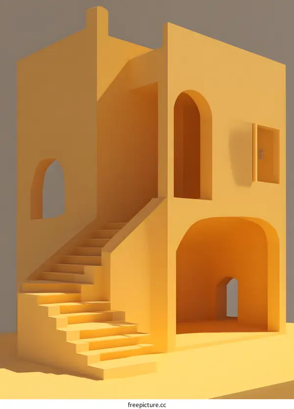Minimalist Yellow House with Stairs and Arches