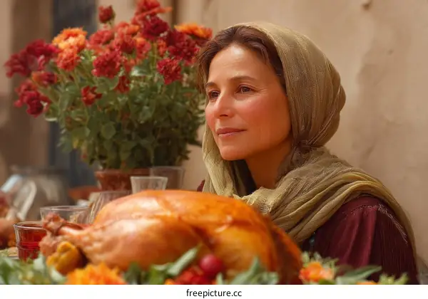Woman at a Festive Meal in Traditional Attire