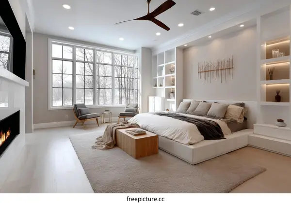 Modern Master Bedroom with Fireplace and Large Windows