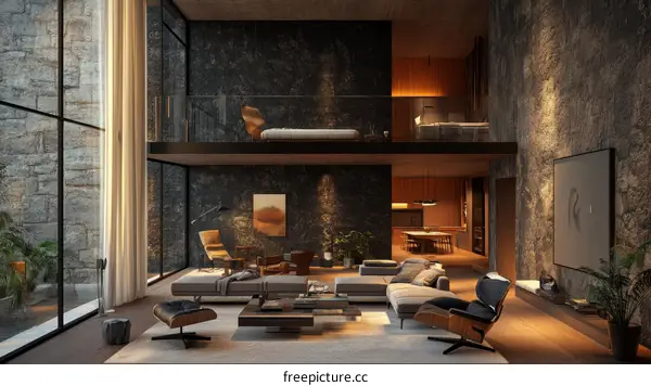 Modern Loft Living Room Design with Stone Walls