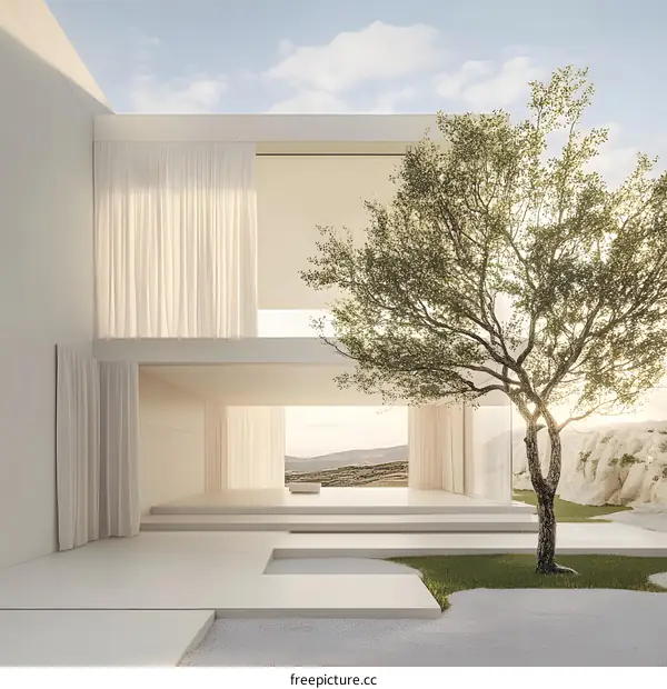 Modern Minimalist Home Design with Tree and White Curtains