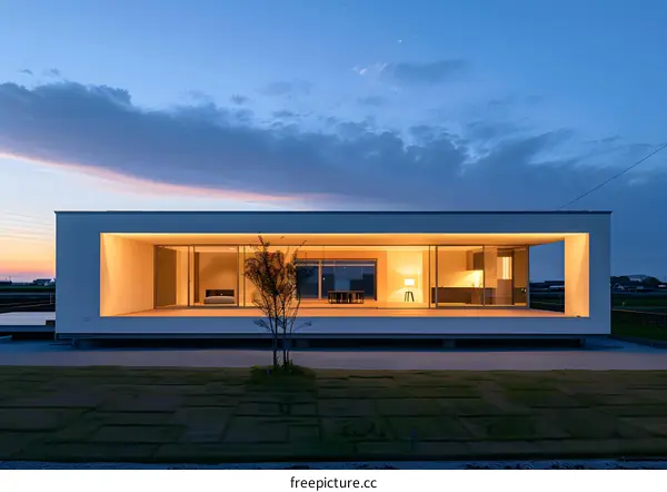 Modern Minimalist House with Large Windows and a Green Lawn at Sunset
