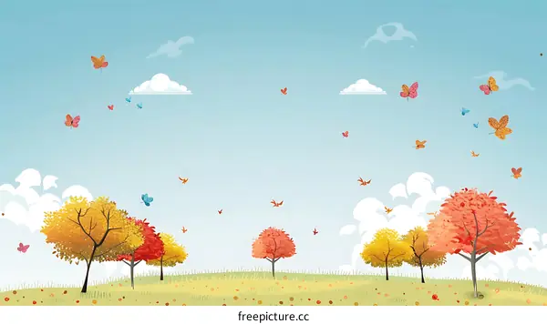 Autumn Landscape with Butterflies and Trees