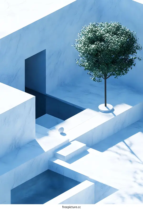 Abstract Minimalist 3D Render of a Modern Architectural Structure with a Tree
