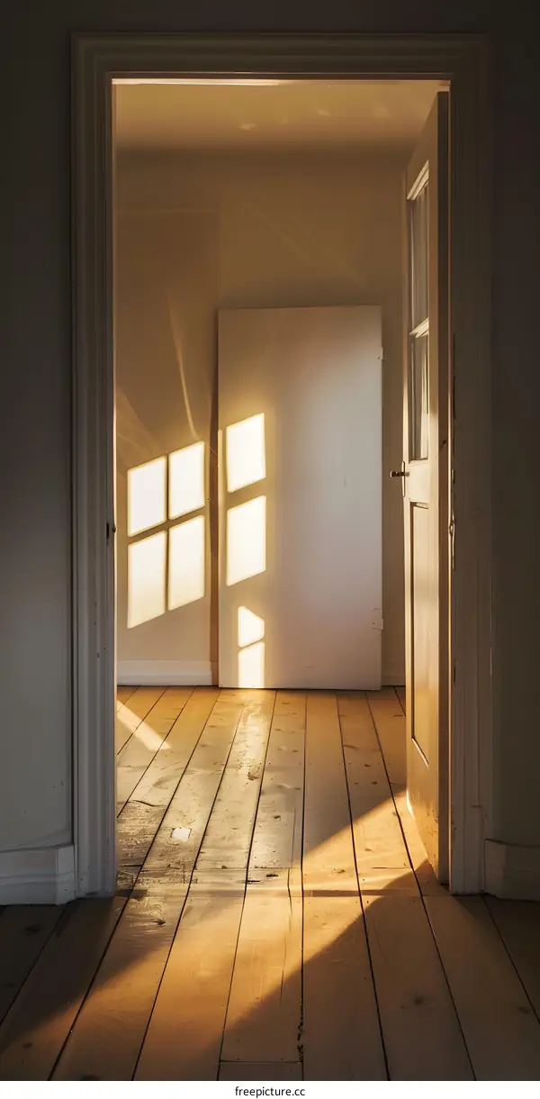 Sunlight Streaming Through Open Doorway In Empty Room