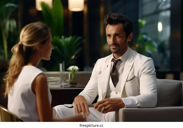 Business meeting between a man and a woman in suits