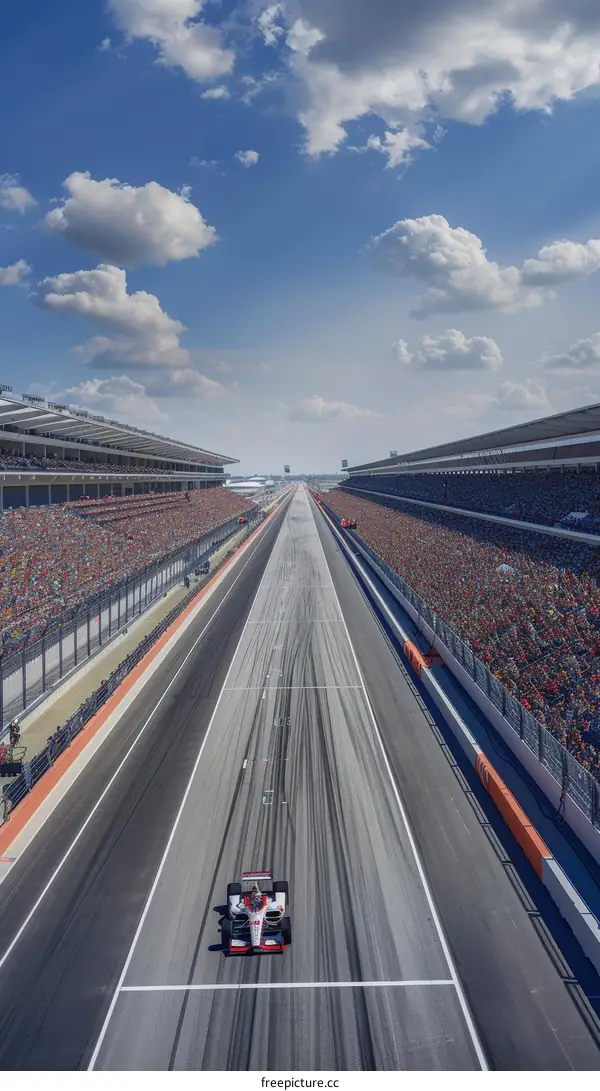 Formula One race track with a red and white race car on the starting grid