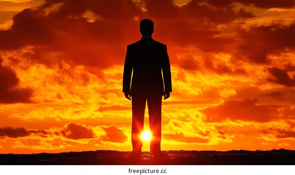 Businessman Silhouette at Fiery Sunset