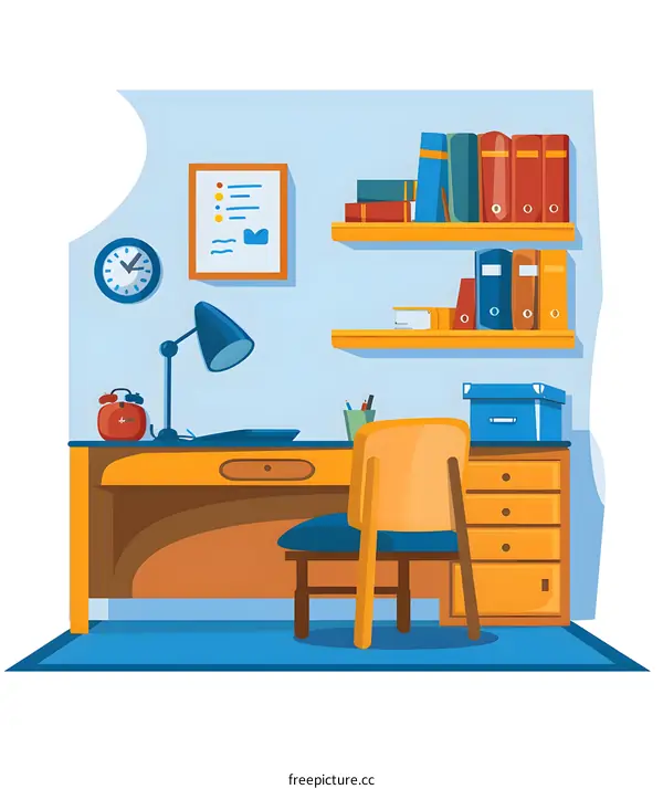 Cartoon Illustration of Home Office Desk with Chair, Bookshelf and Desk Lamp