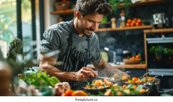 Young male chef is adding spices to the dish he is preparing