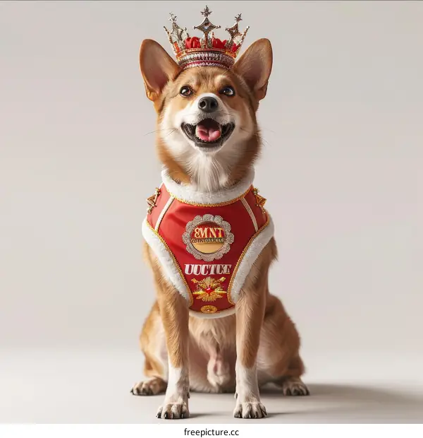 A cute dog wearing a crown and a red and gold vest
