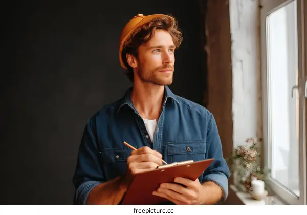 Caucasian Man in Construction Hard Hat Taking Notes