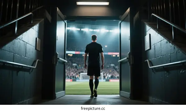 Soccer player walking out of tunnel towards stadium field
