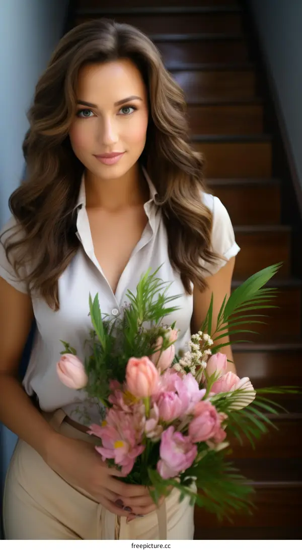 Elegant woman holding bouquet of flowers