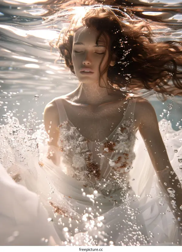 Elegant Underwater Portrait of Woman in Flowing White Gown